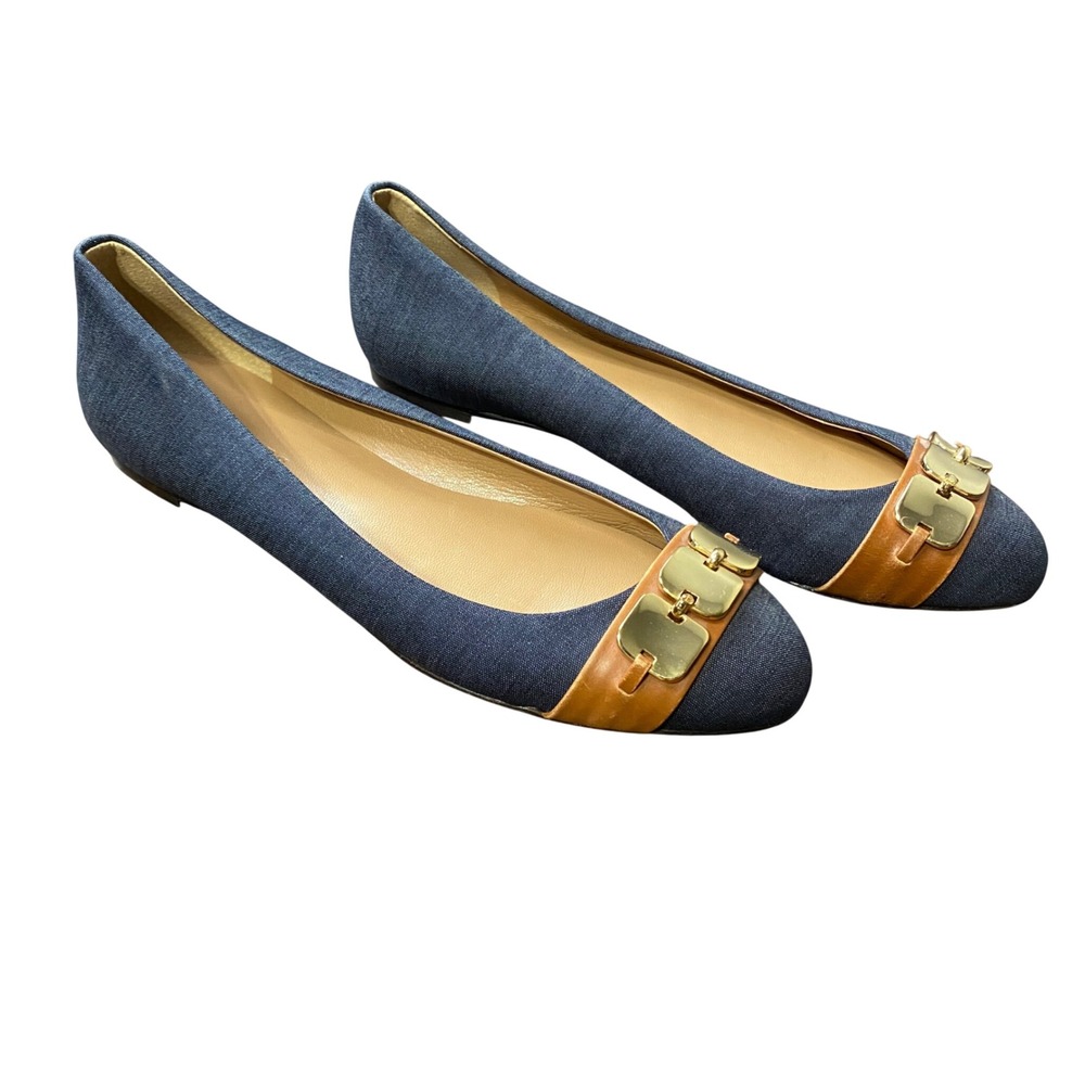Talbots Womens Denim Ballet Flats Blue Tan Leather Gold Link Detail Round Toe 8